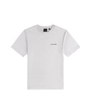 White t-shirt with a small logo on a white background