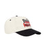 Two-tone cap with white front and black visor featuring a graphic design on a light gray background
