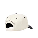 White cap with black text on a white background