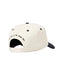 White cap with black text on a white background