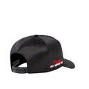 Black cap with red text on a light gray background