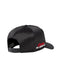 Black cap with red text on a light gray background