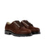 Pair of brown leather shoes with black soles on a white background