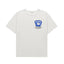 White t-shirt with a blue and red logo on a white background