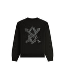 Black sweatshirt with a white geometric design on a light gray background