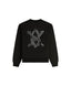 Black sweatshirt with a white geometric design on a light gray background