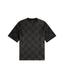 Black t-shirt with a subtle pattern on the back against a light gray background
