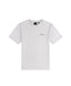 White t-shirt with a small logo on a white background