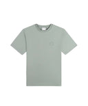 Light gray t-shirt with a small logo on a white background