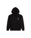 Black hoodie with a small logo on the chest against a light gray background