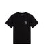 Black t-shirt with a small logo on a light gray background