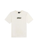 White t-shirt with a small logo on a white background