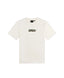 White t-shirt with a small logo on a white background