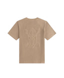 Beige t-shirt with a logo on the back against a white background