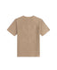 Beige t-shirt with a logo on the back against a white background