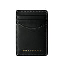 Black leather wallet with visible stitching on a light gray background