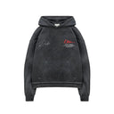 Black hoodie with red and white branding on a white background